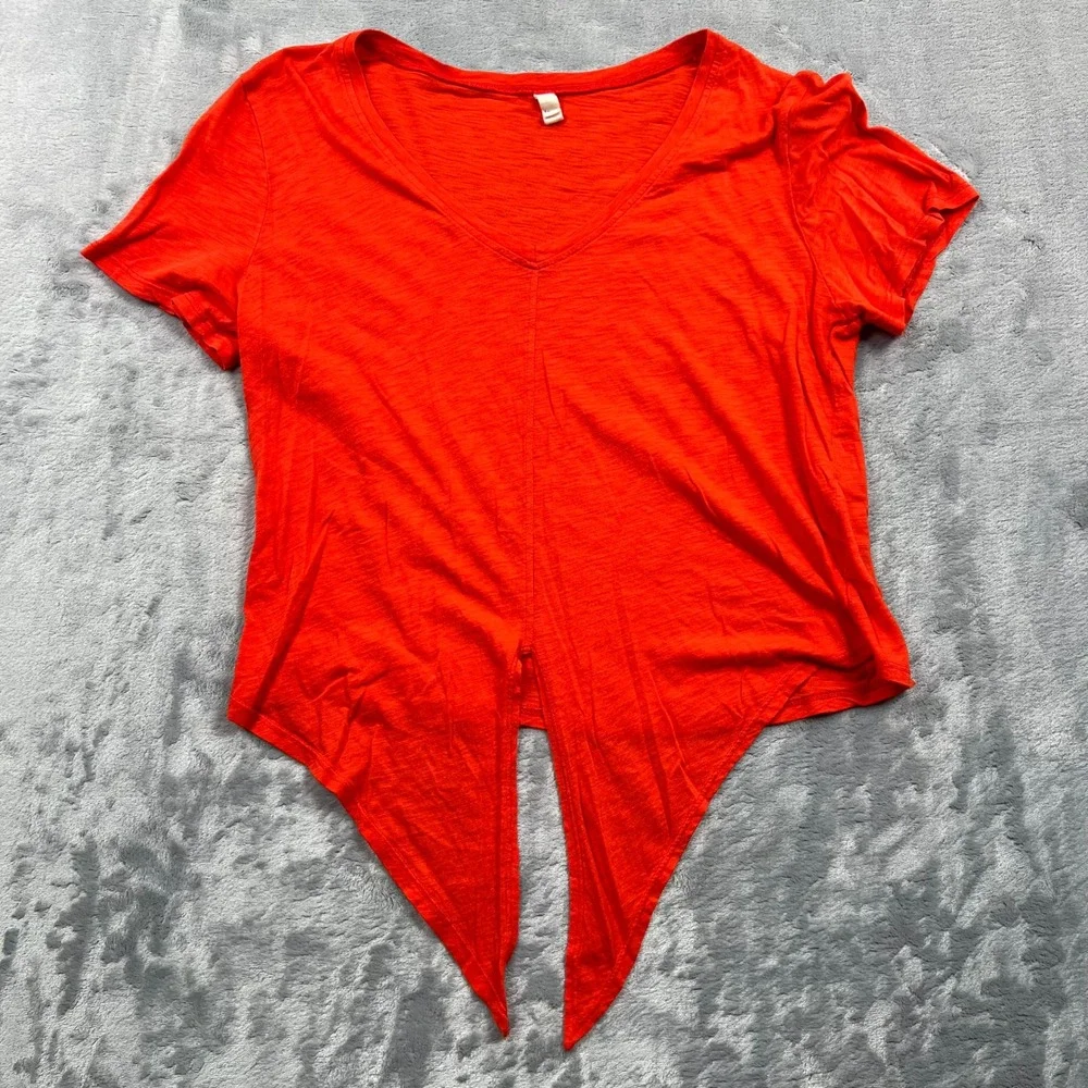 Elan V-Neck Front Tie Top Womens Med Orange Red Slub Knit Short Sleeve SM10030